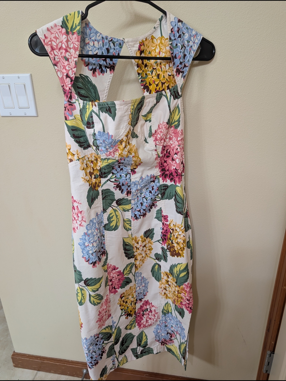 Anthropologie White Midi Dress with Pink, Blue & Yellow Hydrangeas